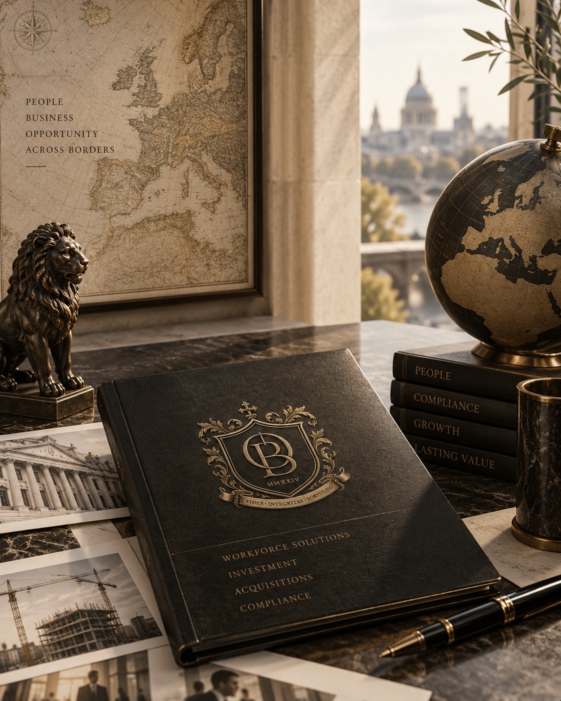 Editorial desk scene with leather-bound OB book, antique globe and brass lion
