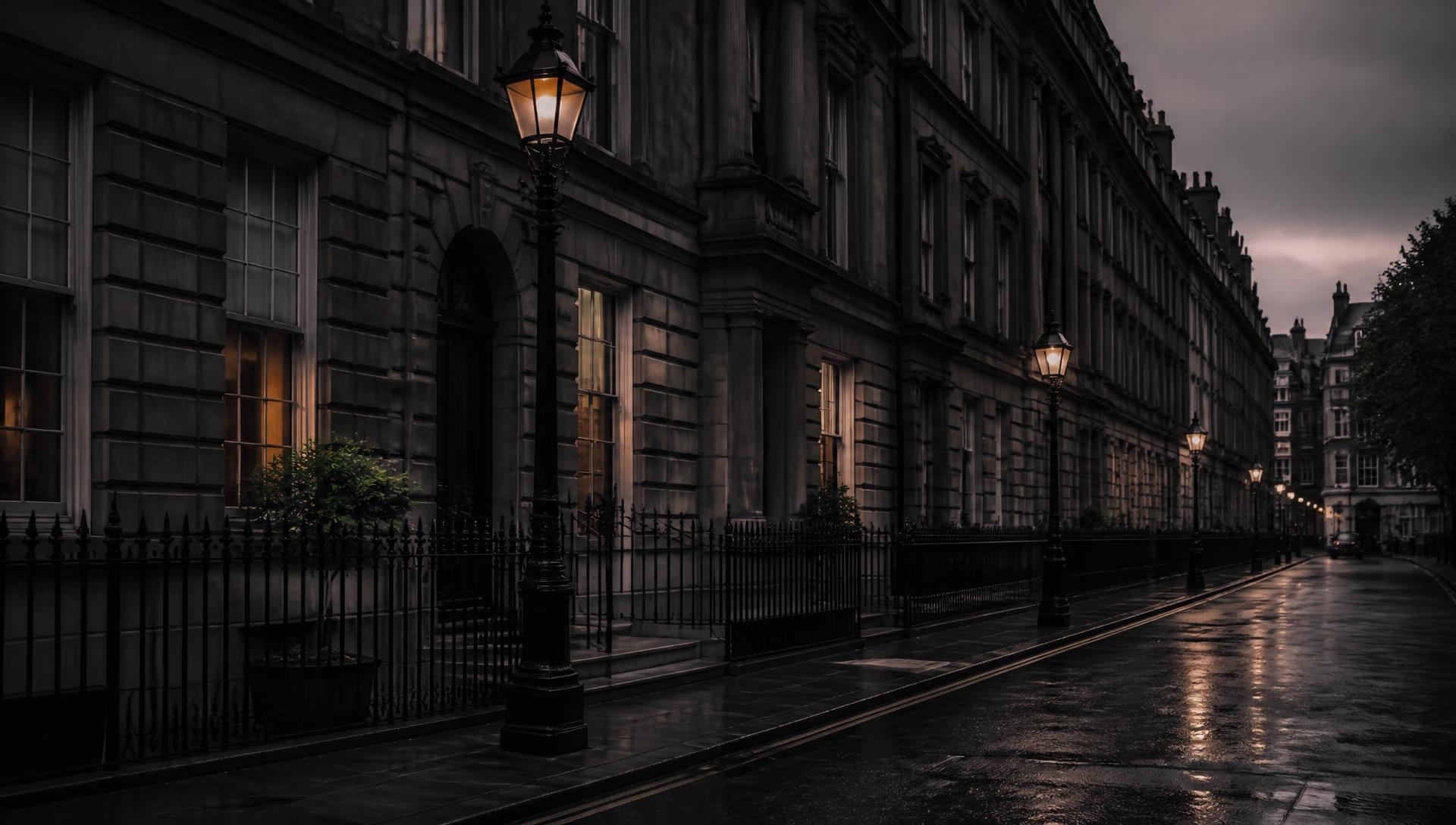 Classical London street at dusk